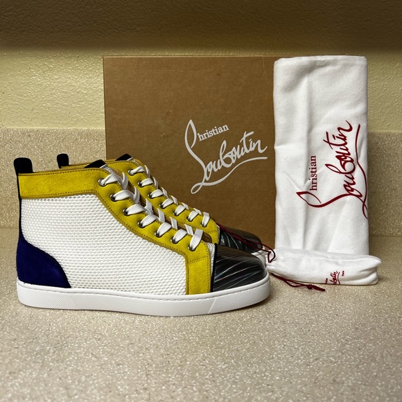 Christian Louboutin Louis Orlato High Top Sneaker White Yellow Blue 41 / 8 - Picture 2 of 10
